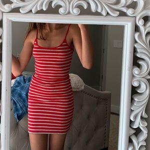 white, black, and red stripped rare brandy dress